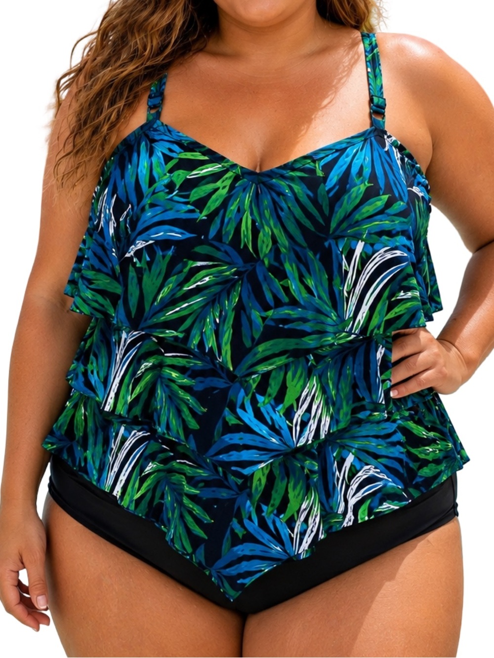 Miami Pearls 24W Tropical Palm Print Tankini Top Plus Size Swim Beach
